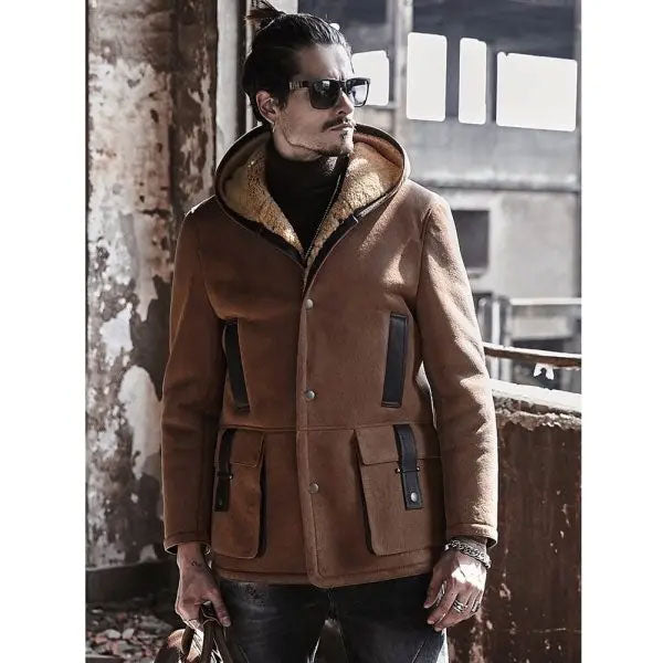 New Men's Winter 2022 Shearling Fur Hooded Suede Leather Bomber Long Jacket Trench Coat - Shearling Trench Coats