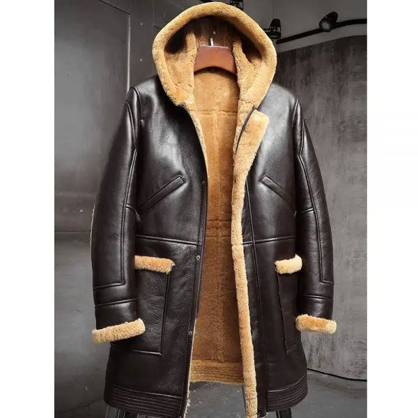 Mens RAF Hooded Shearling Sheepskin Leather Long Jacket Winter Coats 
