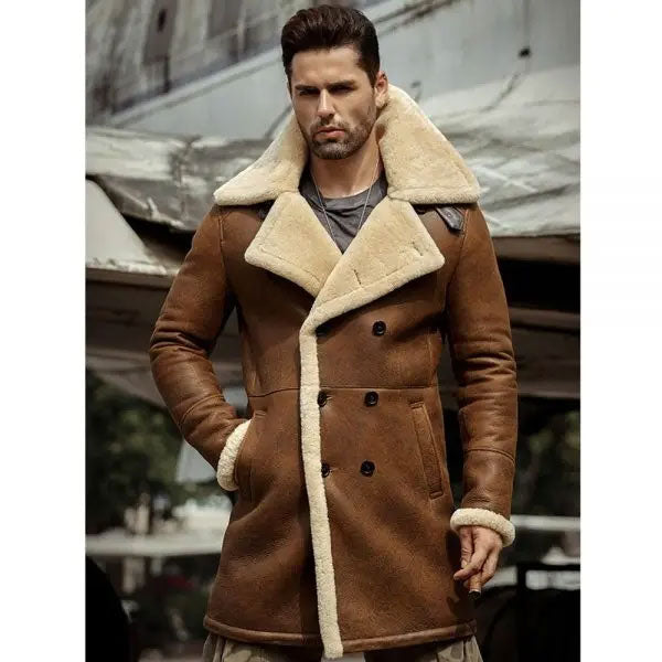 Mens Winter Flight Sheepskin Shearling Fur Aviator Long Leather Bomber Jacket Trench Coat 