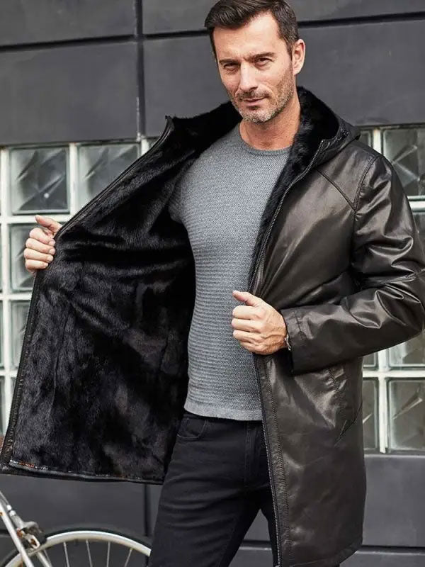 New Mens 2022 Winter Warm Parka Shearling Fur Hooded Leather Jacket Long Trench Coat Outerwear 