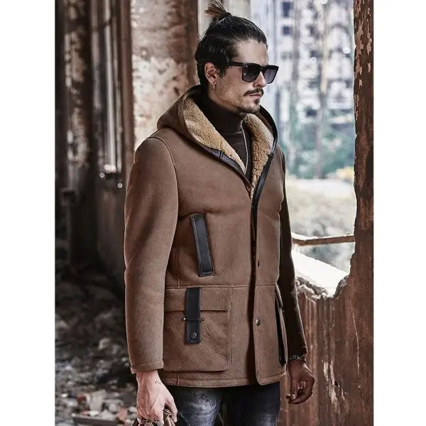 New Men's Winter 2022 Shearling Fur Hooded Suede Leather Bomber Long Jacket Trench Coat - Shearling Trench Coats