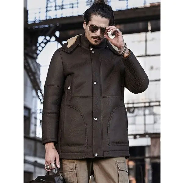New Men's RAF Aviator 2022 Winter Hooded Shearling Fur Leather Bomber Jacket Long Trench Coa