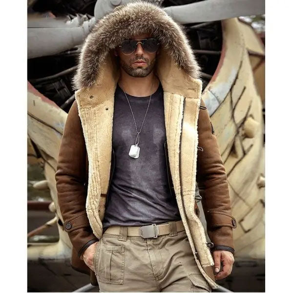 New Men's Winter 2022 Bomber Hooded Leather Long Jacket Coat - Fur Mink Fur Collar Jacket Coat
