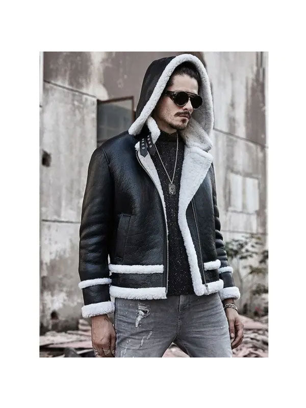 Bomber Hooded Sheepskin Leather Jacket | Short Fur Shearling Coats 