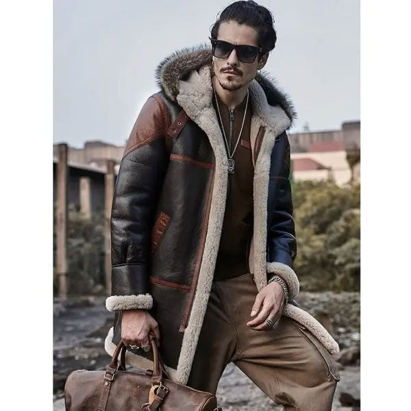 Men's Hooded Bomber Shearling Leather Jacket