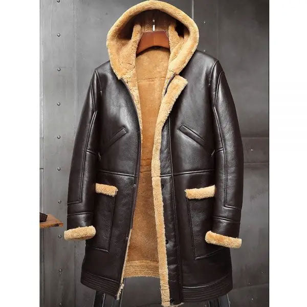 Mens RAF Hooded Shearling Sheepskin Leather Long Jacket Winter Coats 