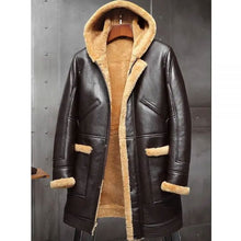 Load image into Gallery viewer, Mens RAF Hooded Shearling Sheepskin Leather Long Jacket Winter Coats 
