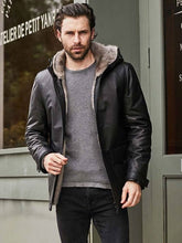 Load image into Gallery viewer, Fur Overcoat Black Leather Jacket Hooded Winter Outerwear
