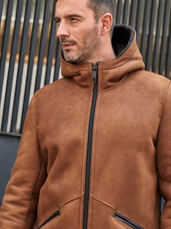 Brown Sheepskin Shearling Fur Hooded Outwear Winter Overcoat Leather Jacket 