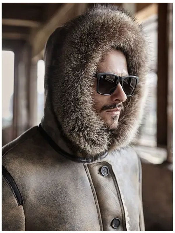 Mens Winter Hooded Raccoon Fur Shearling Collar Leather Bomber Jacket Coat