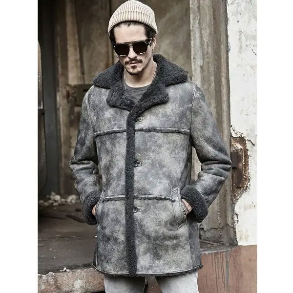 Hunting Leather Shearling Bomber Trench Coat | Men's Shearling Coats