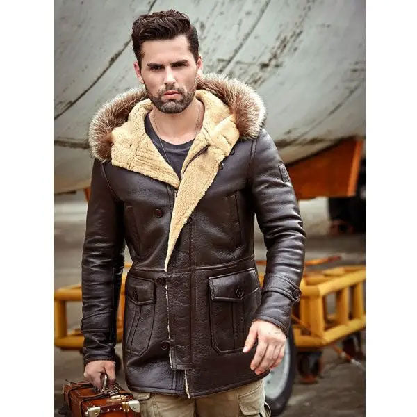 Mens B3 Leather Bomber Shearling Trench Coat | Shearling Long Coats