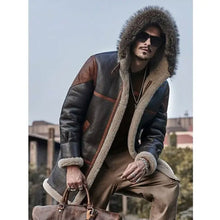 Load image into Gallery viewer, Men&#39;s Hooded Bomber Shearling Leather Trench Coat | Shearling Longcoat
