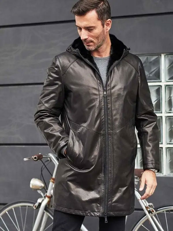 New Mens 2022 Winter Warm Parka Shearling Fur Hooded Leather Jacket Long Trench Coat Outerwear 