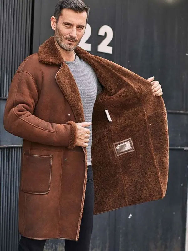 Men's Brown Leather Shearling Jacket Long Trench Overcoat Winter Fur Outwear Coats
