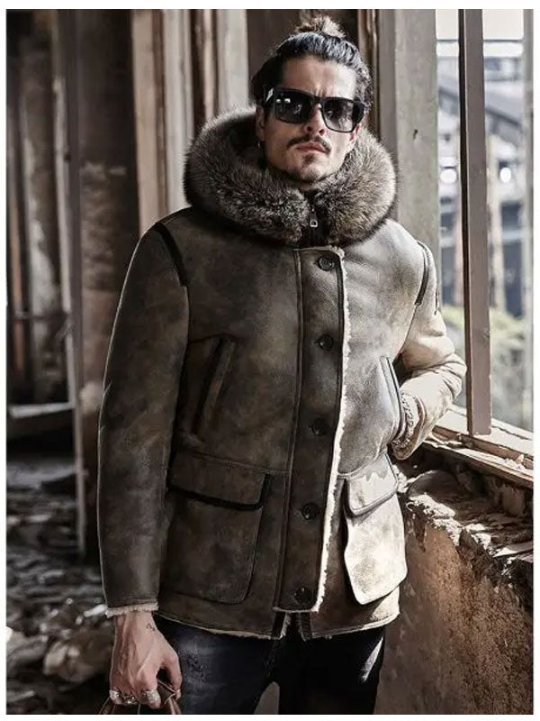 Mens Winter Hooded Raccoon Fur Shearling Collar Leather Bomber Jacket Coat
