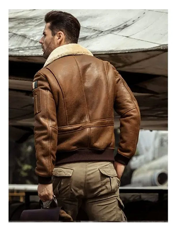 Mens Brown RAF B3 Pilot Aviator Flying Bomber Coat Embroidered  Leather Jacket