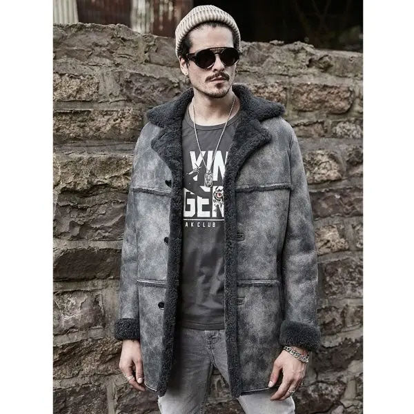 Men's Hunting Winter Real Leather Shearling Bomber Long Jacket Trench Coat