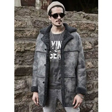 Load image into Gallery viewer, Men&#39;s Hunting Winter Real Leather Shearling Bomber Long Jacket Trench Coat
