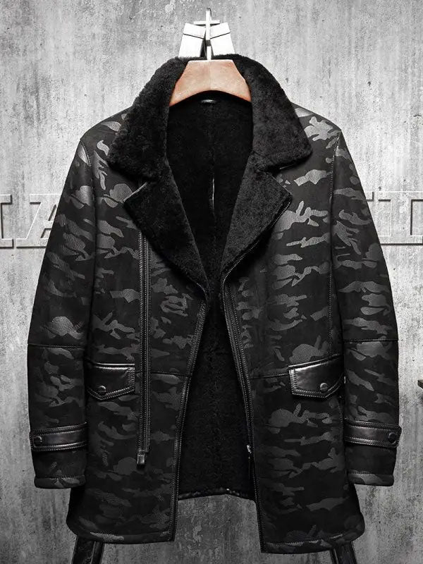 Men’s Black RAF Aviator Flying Fur Pilots Long Jacket Coat Fur Coat 