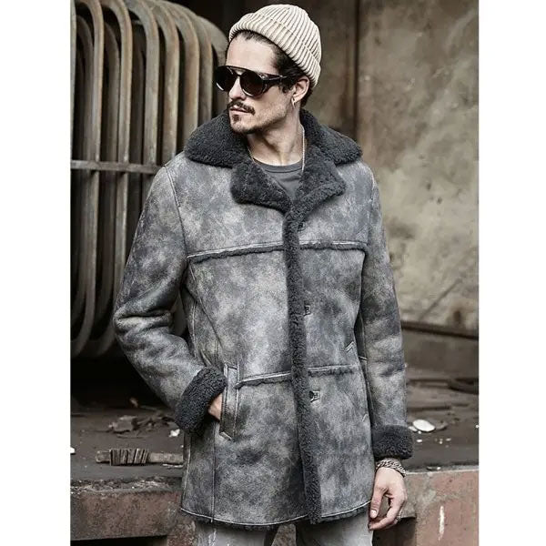 Hunting Leather Shearling Bomber Trench Coat | Men's Shearling Coats
