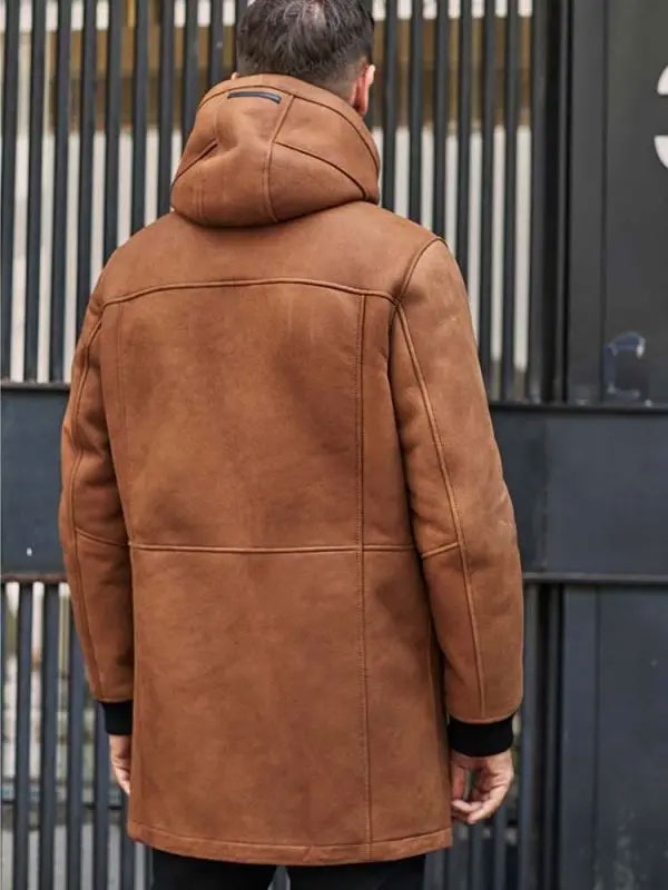 Brown Sheepskin Shearling Fur Hooded Outwear Winter Overcoat Leather Jacket 