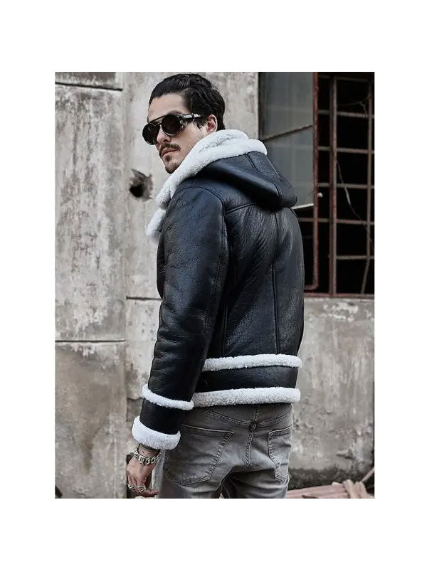 Bomber Hooded Sheepskin Leather Jacket | Short Fur Shearling Coats 