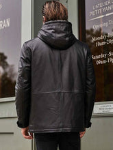 Load image into Gallery viewer, Fur Overcoat Black Leather Jacket Hooded Winter Outerwear
