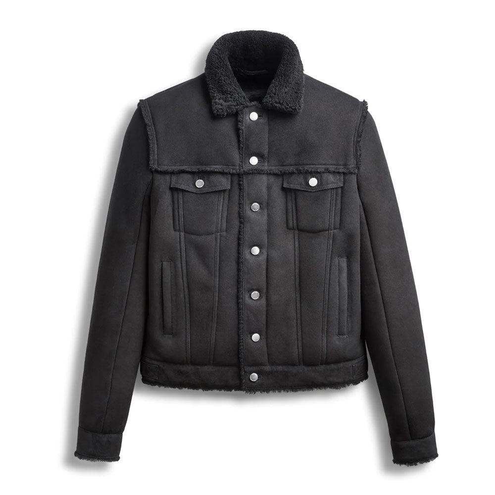 Mens Black Suede Aviator Shearling Leather Bomber Shirt Jackets
