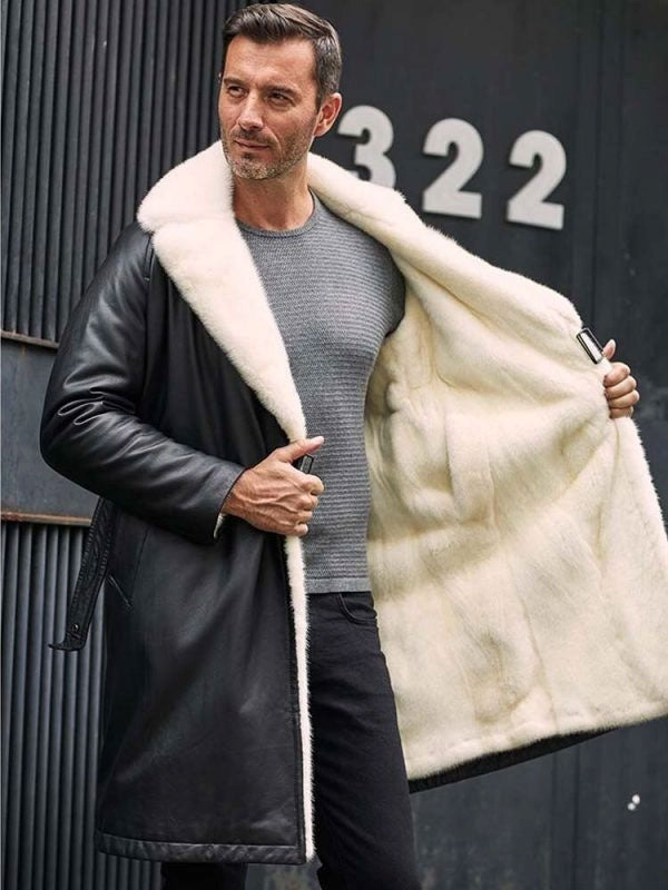 Men's Winter Warm Shearling Fur Black Leather Long Jacket Trench Coat Outerwear 