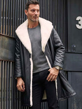 Load image into Gallery viewer, Men&#39;s Winter Shearling Fur Black Leather Long Trench Coat Outerwear 
