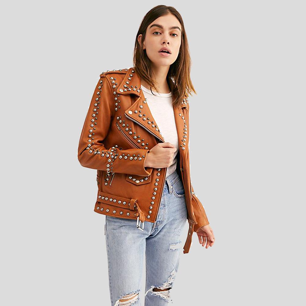 Avail Tan Studded Leather Jacket - Shearling leather