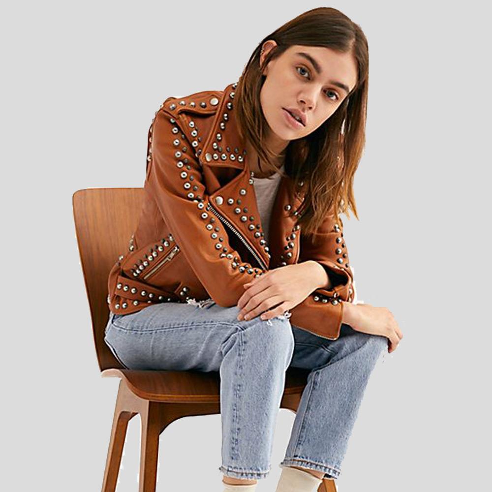 Avail Tan Studded Leather Jacket - Shearling leather