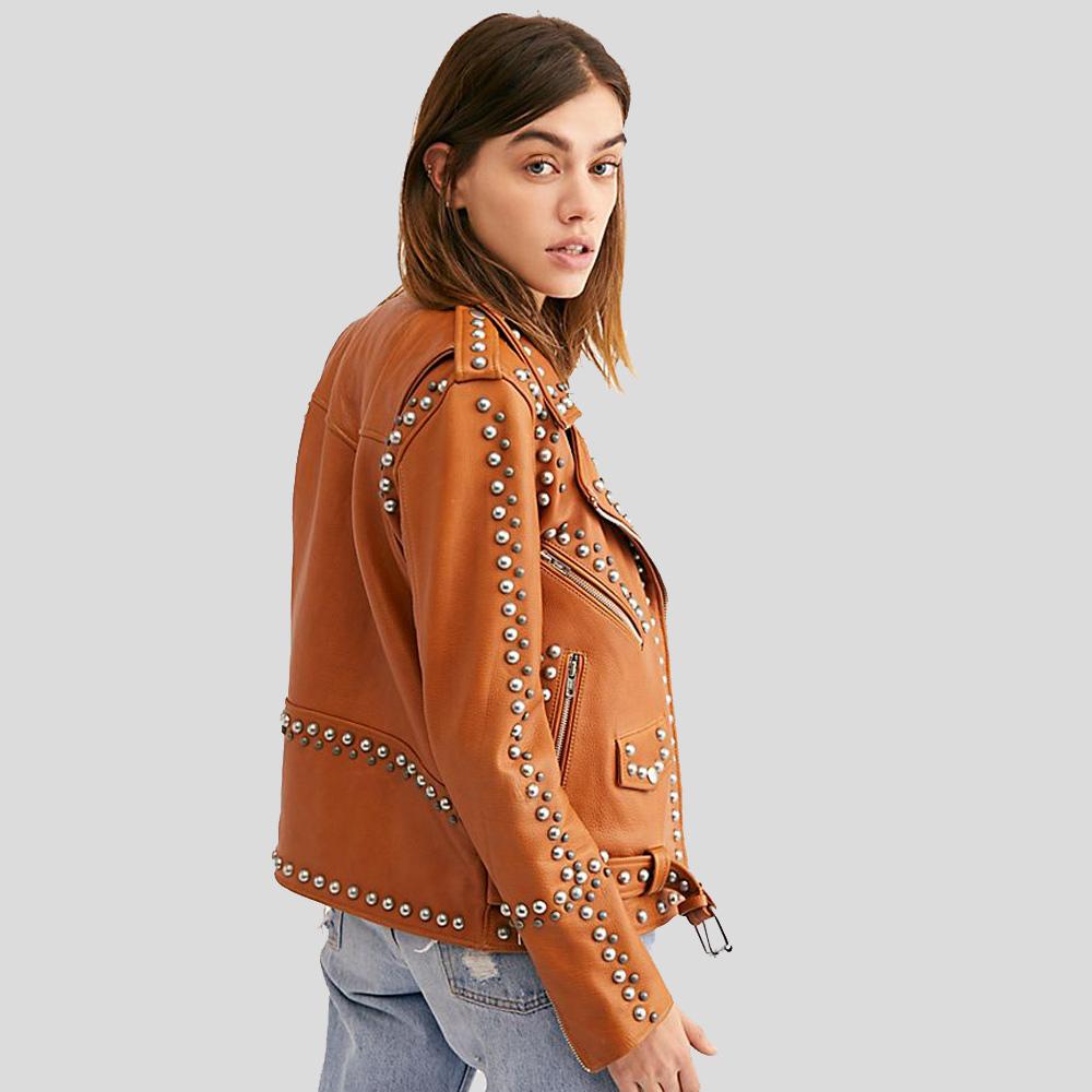 Avail Tan Studded Leather Jacket - Shearling leather