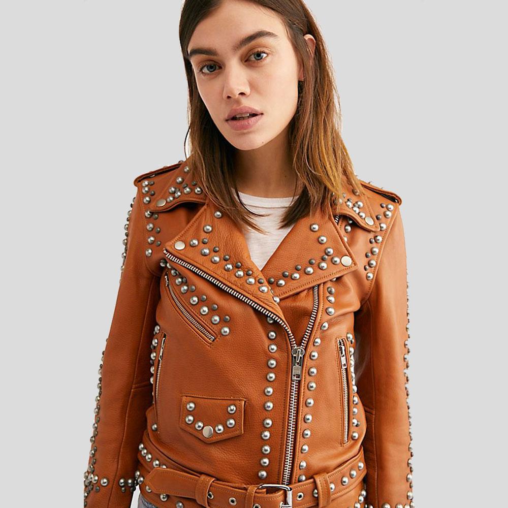 Avail Tan Studded Leather Jacket - Shearling leather