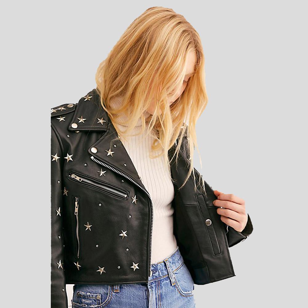 Eva Black Studded Leather Jacket - Shearling leather