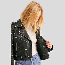 Load image into Gallery viewer, Eva Black Studded Leather Jacket - Shearling leather
