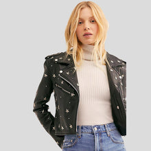 Load image into Gallery viewer, Eva Black Studded Leather Jacket - Shearling leather
