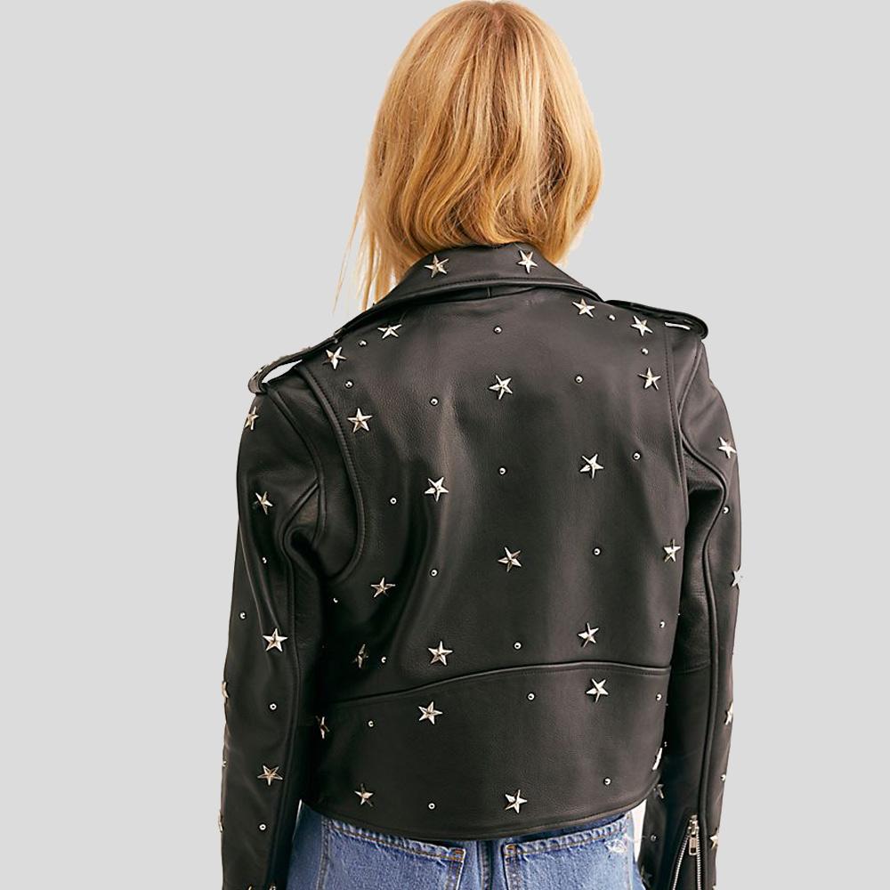 Eva Black Studded Leather Jacket - Shearling leather