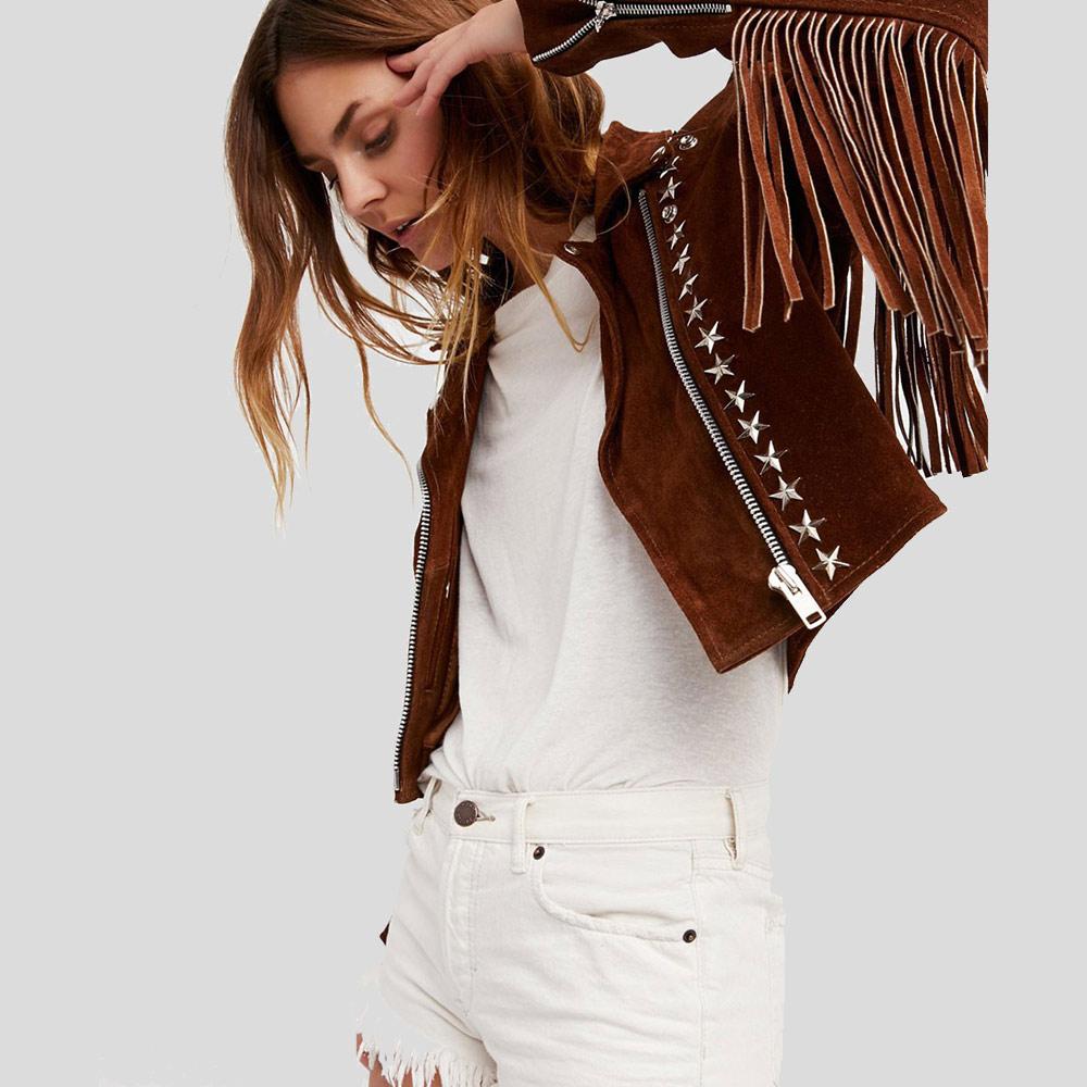 Nora Brown Studded Suede Leather Jacket Fringes - Shearling leather