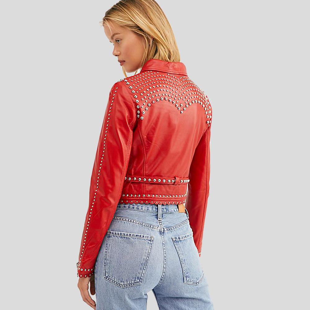 Isabel Red Studded Leather Jacket - Shearling leather