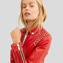 Load image into Gallery viewer, Isabel Red Studded Leather Jacket - Shearling leather
