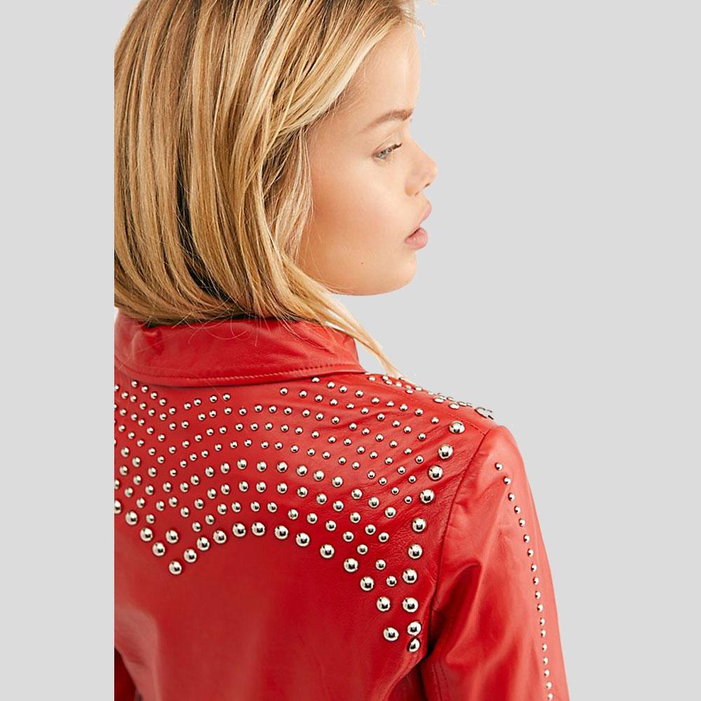 Isabel Red Studded Leather Jacket - Shearling leather