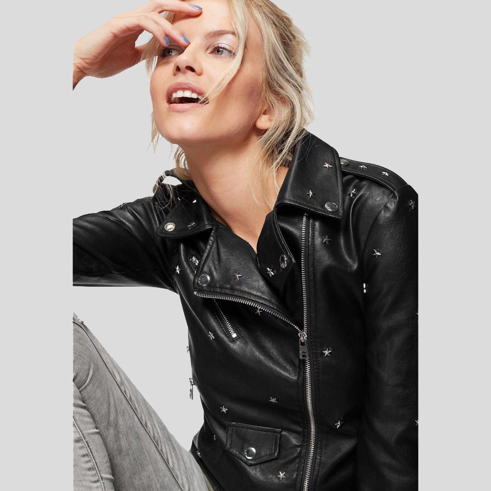 Isla Black Studded Leather Jacket - Shearling leather