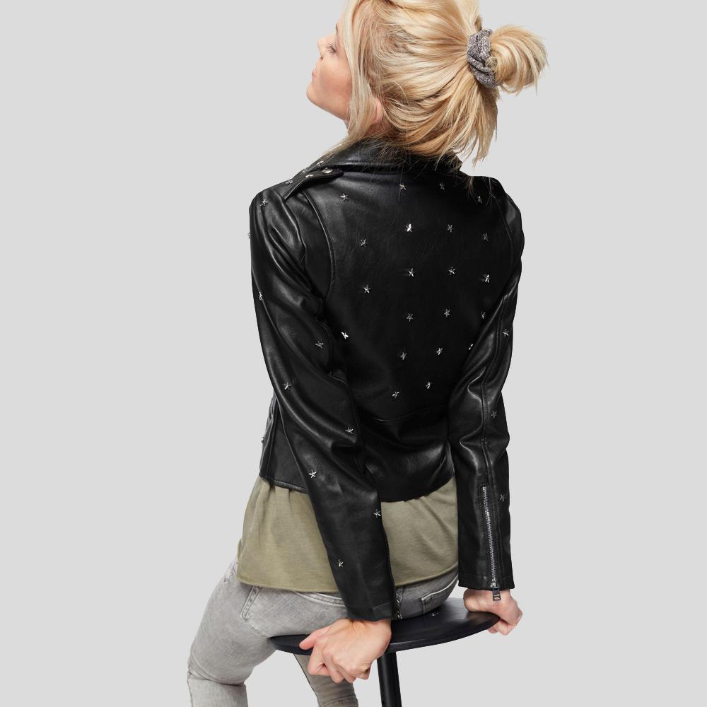 Isla Black Studded Leather Jacket - Shearling leather
