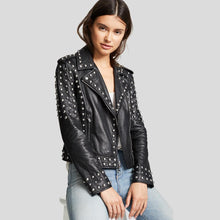 Load image into Gallery viewer, Jasmine Black Studded Leather Jacket - Shearling leather
