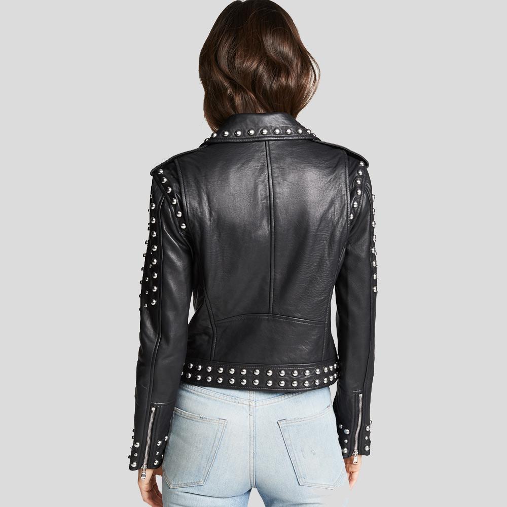 Jasmine Black Studded Leather Jacket - Shearling leather