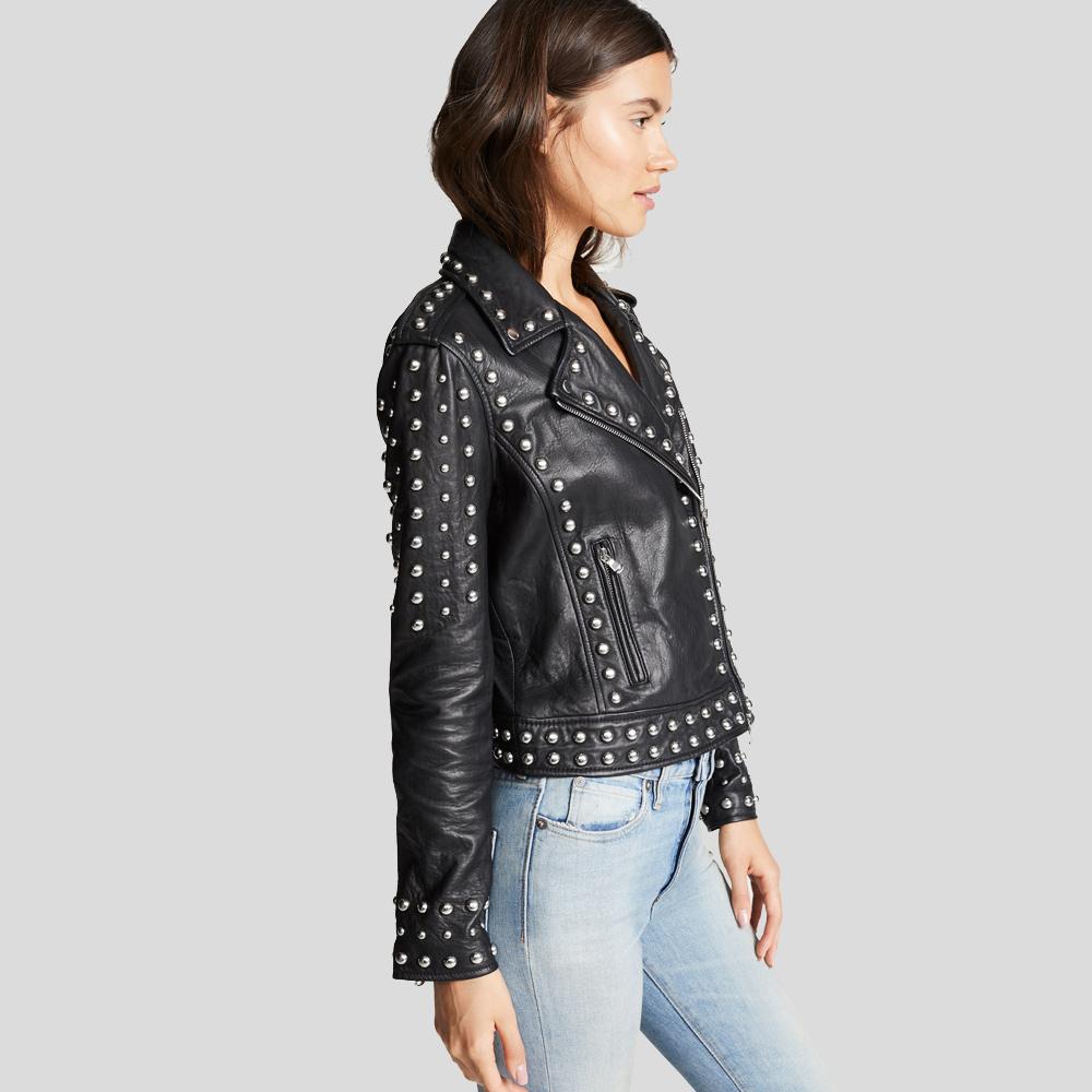 Jasmine Black Studded Leather Jacket - Shearling leather