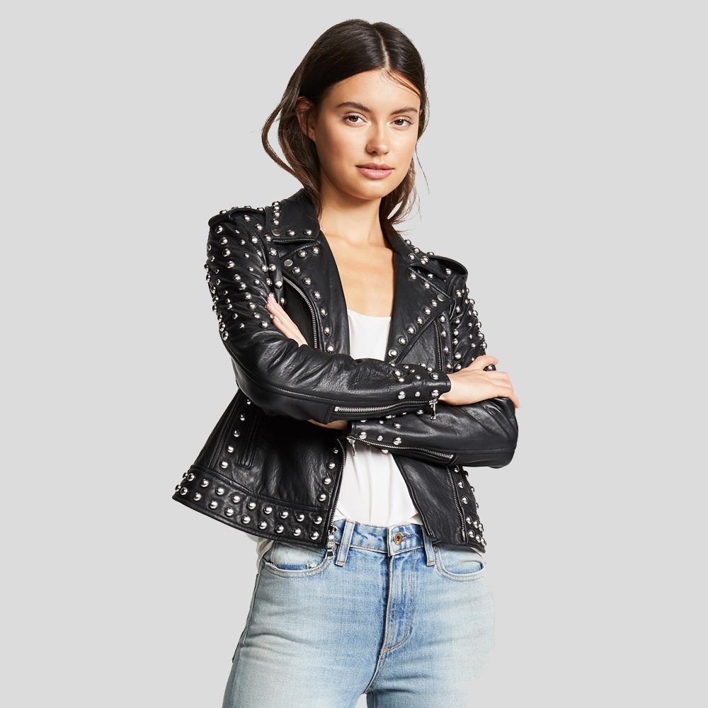 Jasmine Black Studded Leather Jacket - Shearling leather
