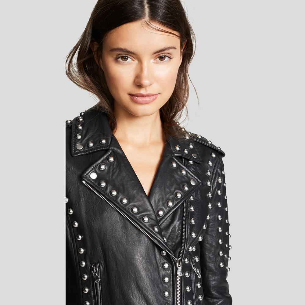 Jasmine Black Studded Leather Jacket - Shearling leather